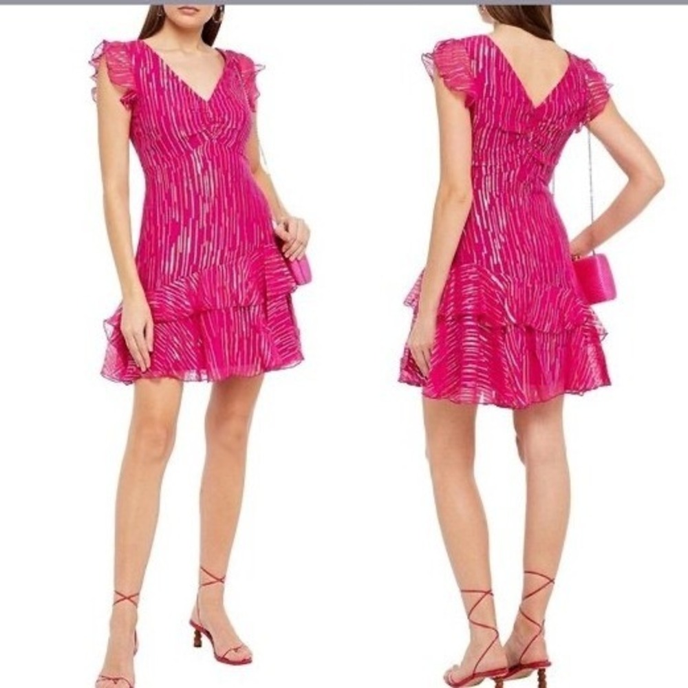 SALONI Isa Silk Metallic Stripe Ruffle Mini Dress Magenta Pink US 4